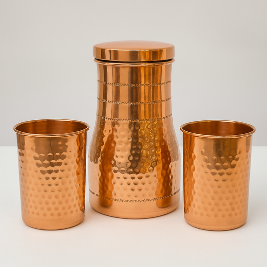 PurelyCopper Ayurvedic Bedside Pot with 2 Glasses – 100% Pure Copper