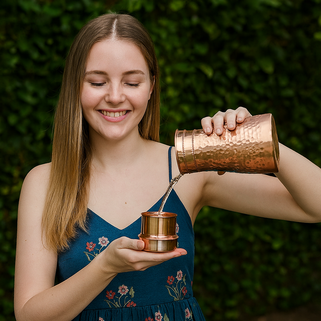 PurelyCopper Ayurvedic Bedside Pot with 2 Glasses – 100% Pure Copper