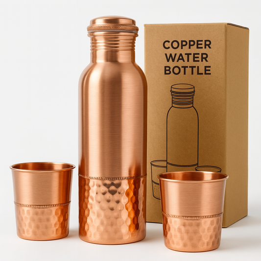 Pure Copper Water Bottle Drinkware Set – 1 Bottle + 2 Glasses
