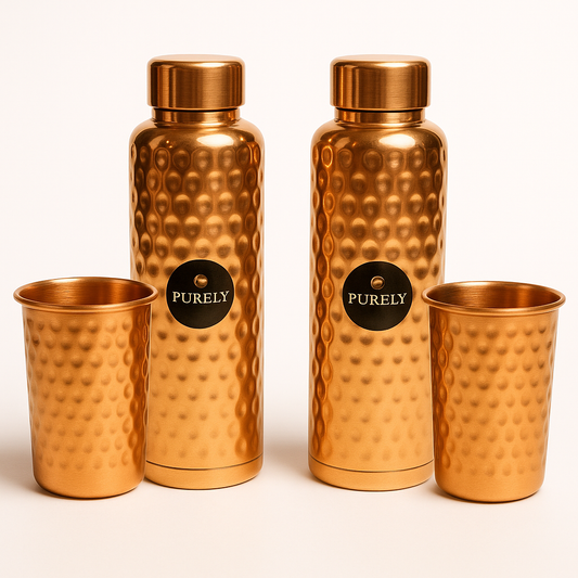 Hammered Copper Gift Set – 2 Bottles + 2 Glasses | PurelyCopper Exclusive