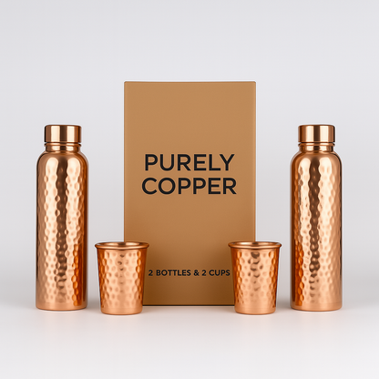 Hammered Copper Gift Set – 2 Bottles + 2 Glasses | PurelyCopper Hammered Copper Gift Set – 2 Bottles + 2 Glasses | PurelyCopper