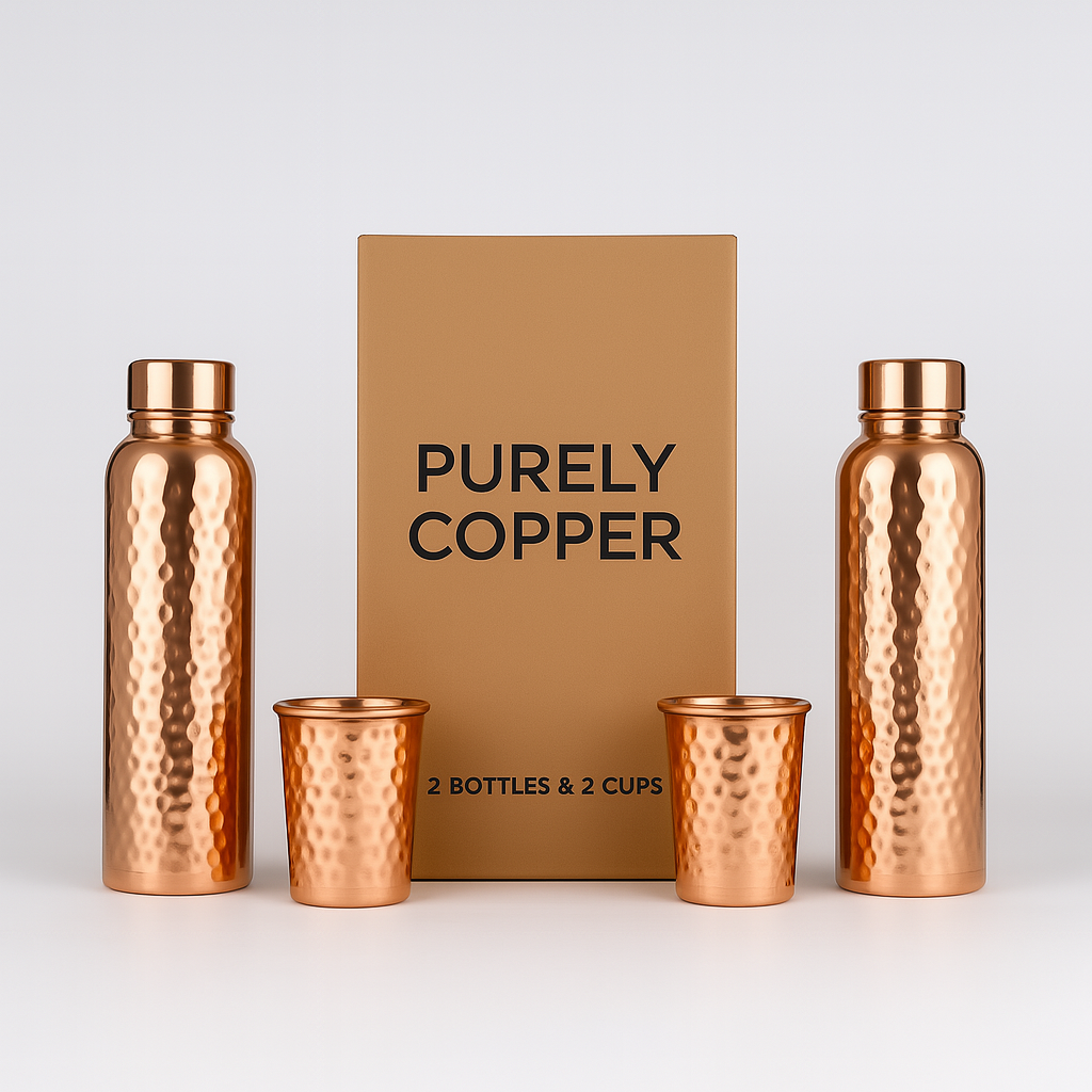 Hammered Copper Gift Set – 2 Bottles + 2 Glasses | PurelyCopper Exclusive