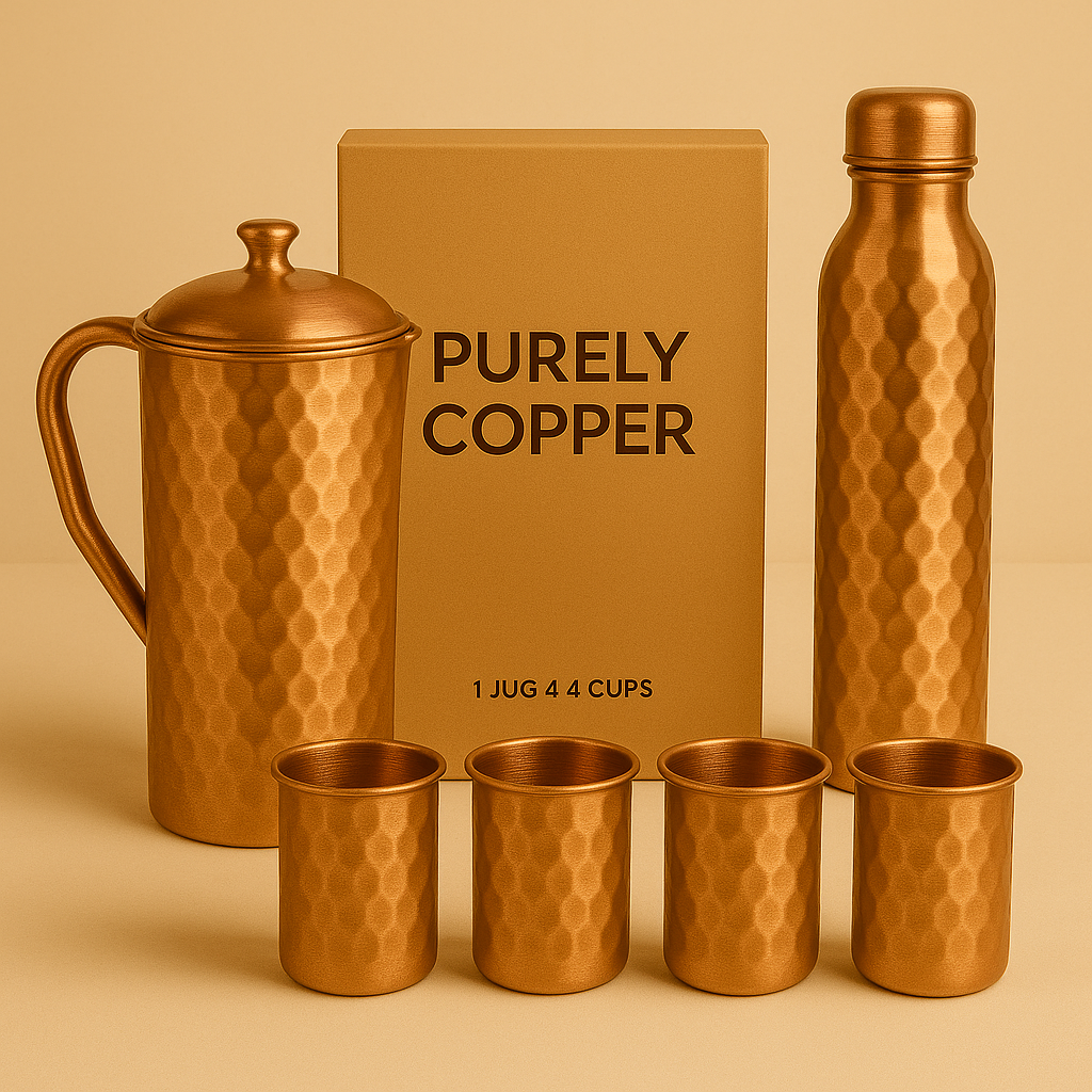 Pure Copper Drinkware Set – Jug, Bottle & 4 Glasses | Ayurvedic Wellness Kit