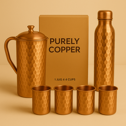 Pure Copper Drinkware Set – Jug, Bottle & 4 Glasses | Ayurvedic Wellness Kit