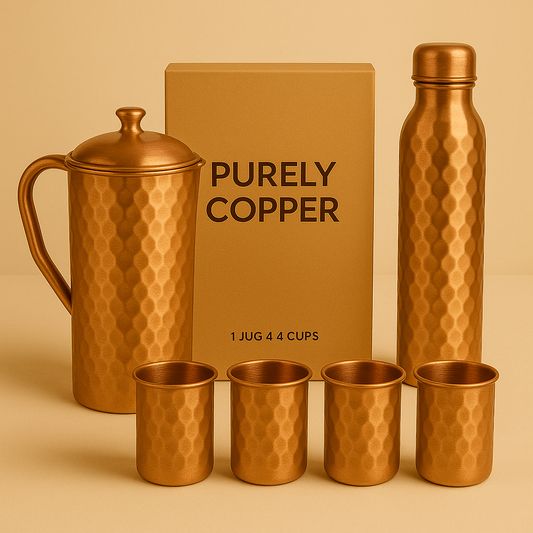 Pure Copper Drinkware Set – Jug, Bottle & 4 Glasses | Ayurvedic Wellness Kit