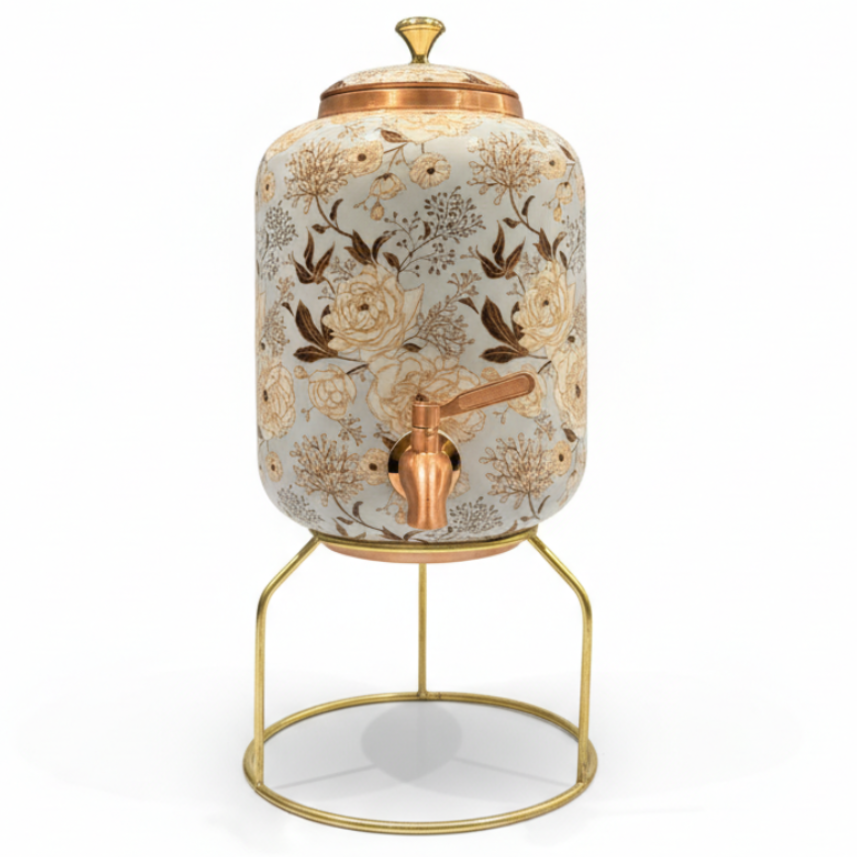 Premium Copper Water Dispenser with Golden Floral Design – 4L (With Stand)