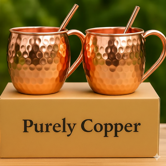 Pure Copper Moscow Mule Mugs (Set of 2) +2 Copper Straws | Hammered Finish | Purely Copper