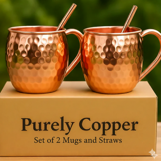 Pure Copper Moscow Mule Mugs (Set of 2) +2 Copper Straws | Hammered Finish | Purely Copper