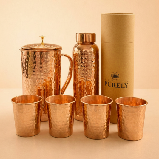 Pure Copper Drinkware Set – Jug, Bottle & 4 Glasses | Ayurvedic Wellness Kit