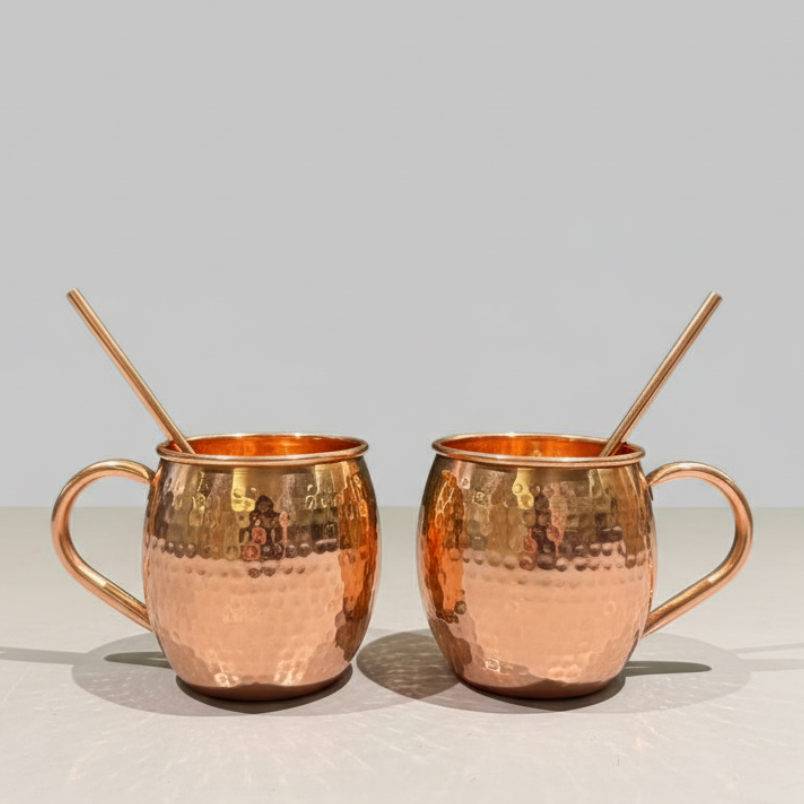 Pure Copper Moscow Mule Mugs (Set of 2) +2 Copper Straws | Hammered Finish | Purely Copper