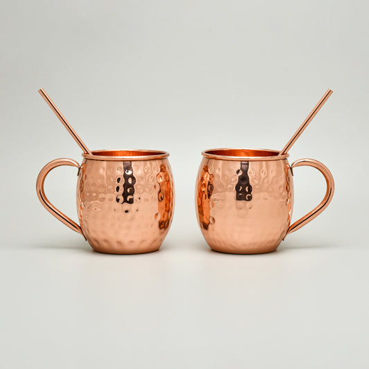 Pure Copper Moscow Mule Mugs (Set of 2) +2 Copper Straws | Hammered Finish | Purely Copper