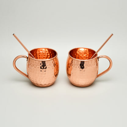 Pure Copper Moscow Mule Mugs (Set of 2) +2 Copper Straws | Hammered Finish | Purely Copper