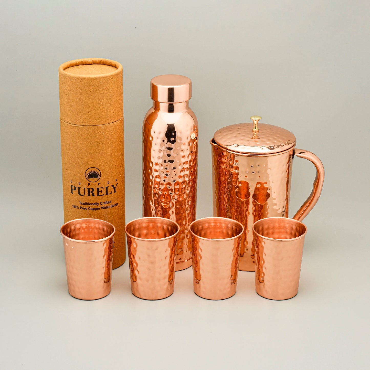 Pure Copper Drinkware Set – Jug, Bottle & 4 Glasses | Ayurvedic Wellness Kit