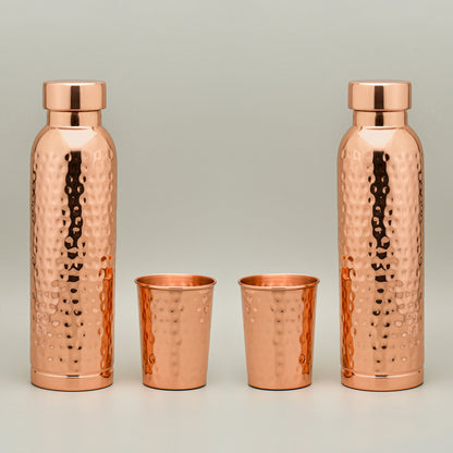 Hammered Copper Gift Set – 2 Bottles + 2 Glasses | PurelyCopper Exclusive