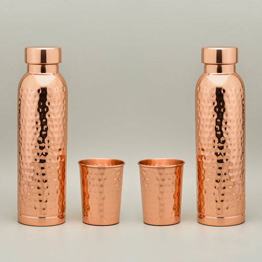 Hammered Copper Gift Set – 2 Bottles + 2 Glasses | PurelyCopper Exclusive